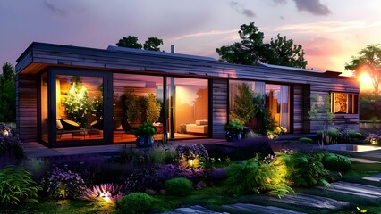 Sustainable mobile home inspired by nature's beauty in the sunset glow. Concept Sustainable Living, Mobile Homes, Nature-Inspired Design, Sunset Glow, Eco-Friendly Lifestyle