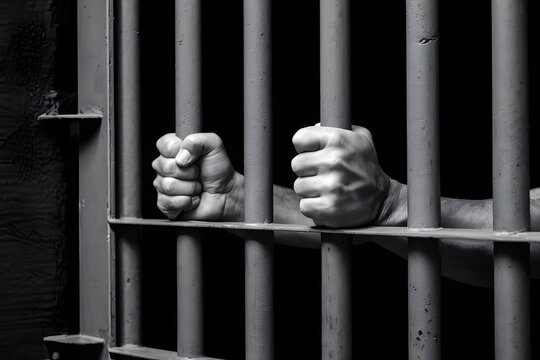 Desperate hands clutching jail cell bars in black and white dramatic image.
