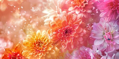 a bunch of flowers that are in the grass with water droplets on them