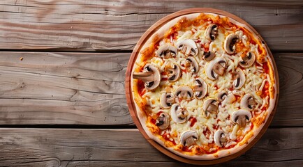 Pizza with mushrooms and cheese on a wooden table, top view.