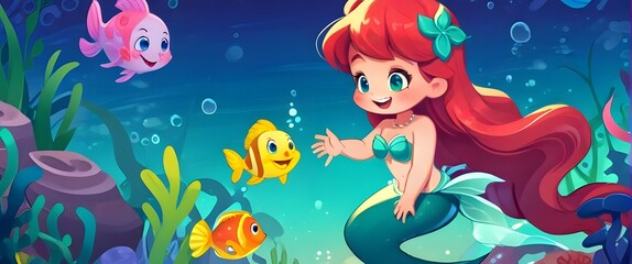 Cute little mermaid interacts with marine life cartoon characters. Illustration vector . Generative AI