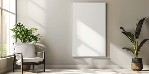a chair and a plant in a room with a large window and white poster mock-up on wall
