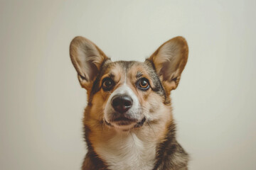Close-up portrait of a Corgi puppy looking up with interest against a light background.