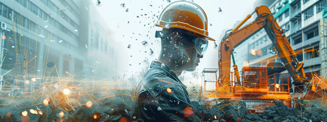 Obraz premium Uncover the fusion of skill and progress as an engineer, weraring protective glasses and a hardhat, blends seamlessly with a construction site in a captivating double exposure.