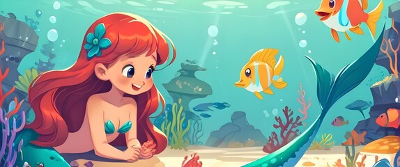 Cute little mermaid interacts with marine life cartoon characters. Illustration vector . Generative AI