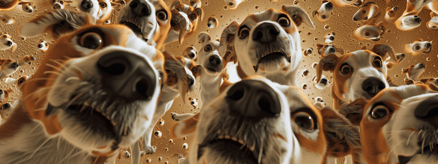 Capture a moment of collective distress and disbelief as a bunch of dogs look up, their expressions filled with surprise and confusion, leaving viewers captivated by their emotional connection. - obrazy, fototapety, plakaty