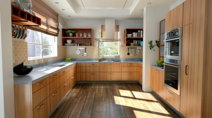 Modern kitchen interior design with wooden kitchen corner with table