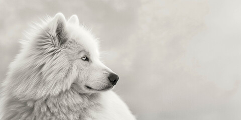 A good quality close-up photo of a cute Samoyed looking into the distance against a light background on the right. Advertising banner.
