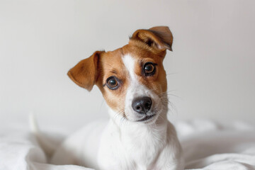 Cute Jack Russell Terrier sits on a white bed and looks ahead. Close-up portrait of a dog.