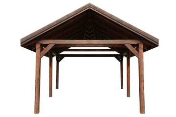 Wooden gazebo, garage for a car - shelter from rain and bad weather conditions. On isolated...