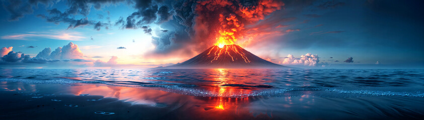 Panorama view from a beach to an island with a volcano erruption with hot lava and red fire