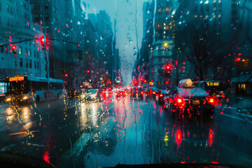 An evocative photograph of rain-soaked city streets, with reflections shimmering under the glow of streetlights during a storm.