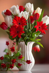 Pottery vase with red and white flowers, as it graces a window in a cozy home.
