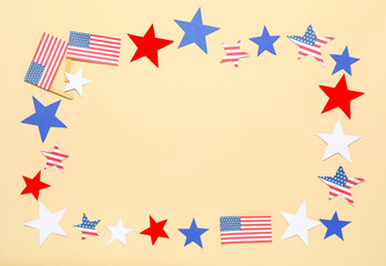 Obraz premium American flag and star decorations frame on beige background for patriotic celebrations and national holidays