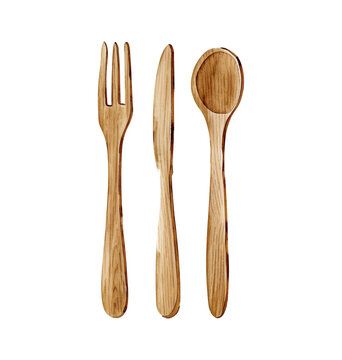 wooden knife spoon fork watercolor digital painting good quality