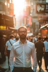 A happy businessman stands on the street of an urban city, surrounded by people about on bustling streets. generative AI
