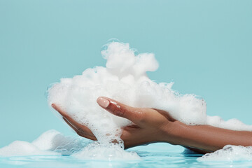 An exquisite shot capturing the elegance of hands luxuriating in a fluffy sea of soap foam, set against a tranquil light blue canvas.