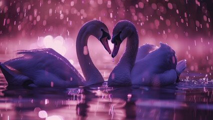 Serenade of Swans: Two Swan Couples Form a Heart  Amidst Violet Lights and Cinematic Ambiance
