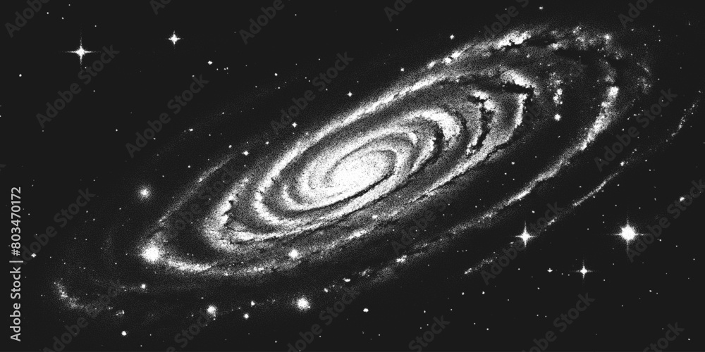 Wall mural deep space scene background in stippling style with huge glowing spiral galaxy and stars. milky way 