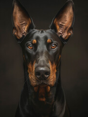 Doberman black, tall Doberman on a black background looking ahead. Close-up photograph of the animal. Advertising banner.