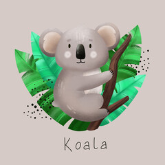 Cute koala. Hand drawn illustration. Kids design elements for postcard, poster, t-shirt design and other.
