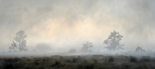 A foggy moorland scene early in the morning, with ghostly silhouettes of distant trees and soft, diffused light