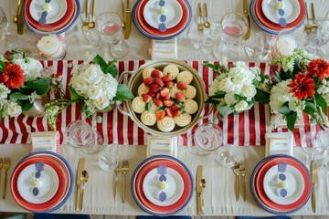 FLat lay photo of 4th of July Table Setting, red white and blue striped table runner with matching plates and glasses
