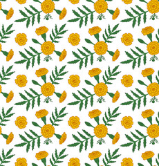 Seamless pattern with yellow marigolds, flowers, leaves, buds