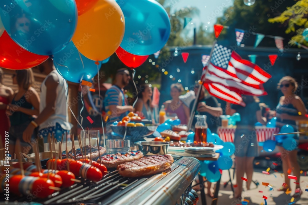 Wall mural fourth of july party with people around bbq, usa flags and balloon decoration, people having fun at 