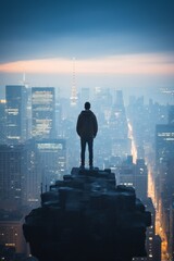 A man is standing on the ledge of a tall building, silhouetted against the sky. He appears confident and observant of the surroundings