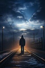 A person standing alone on train tracks in the dark of night, seemingly waiting for an oncoming train. The silhouette of the individual is illuminated by dim lights in the distance