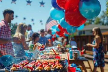 Fourth of July party with people around BBQ, USA flags and balloon decoration, people having fun at barbecue party