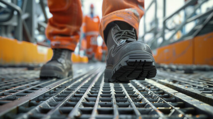 Close-up of a worker's safety boots on a metal grate in an industrial setting, with another worker in the background.