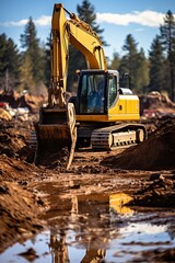 Fototapeta premium A robust bulldozer is forcefully digging through a muddy field, displacing large amounts of soil and creating a path. The muddy terrain is being transformed as the heavy machinery pushes through