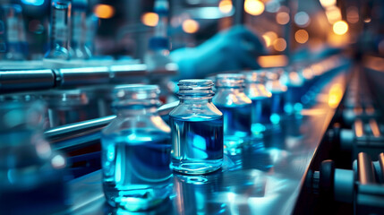 Vials of blue liquid on a conveyor belt in a pharmaceutical manufacturing plant, with blurred background.