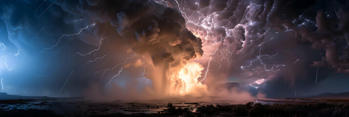 A geyser during a dramatic thunderstorm, capturing the moment lightning strikes nearby, illuminating the eruption in a spectacular display of nature's power