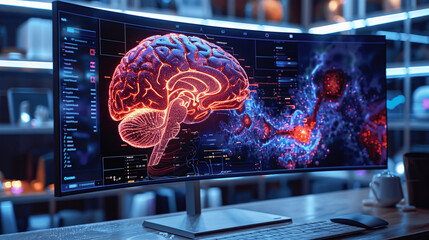 Doctor surgeon and neurologist use robotic and medical technology diagnose and examine patient brain with intelligence software. AI, Innovation, Science and technology digital medical, Generative AI.