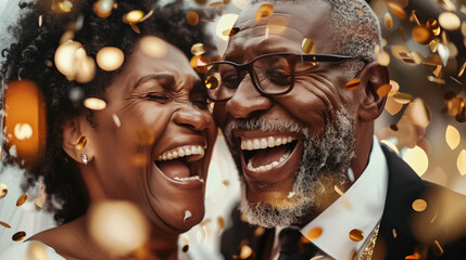 A joyful elderly African American couple laughing together amidst golden confetti, portraying happiness and celebration. - Powered by Adobe