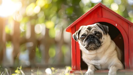 A small joyful pug in a red doghouse in a fenced yard. Concept Pug, Doghouse, Fenced Yard, Joyful, Cute Pet