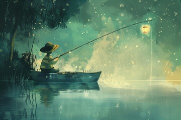 A boy is fishing in a boat on a lake