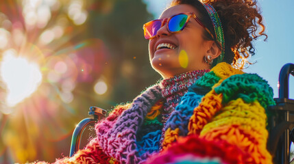 Joyful woman in a wheelchair wearing colorful scarf and sunglasses, enjoying the sunlight outdoors. - Powered by Adobe