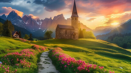 A picturesque scene of a small church and cabin surrounded by lush greenery and blooming flowers, with majestic mountains in the background at sunset. - Powered by Adobe