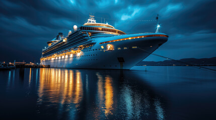 A luxurious cruise ship illuminated against a dramatic sunset, anchored in a tranquil harbor surrounded by mountains. - obrazy, fototapety, plakaty