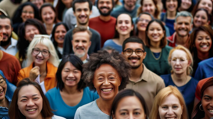 Obraz premium Diverse group of people smiling and looking up, representing various ages and ethnicities in a close-up view.