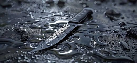 A knife is laying on a wet surface