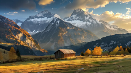 A serene landscape featuring a wooden cabin in a lush meadow with towering snow-capped mountains in the background and trees bathed in golden sunlight. - Powered by Adobe