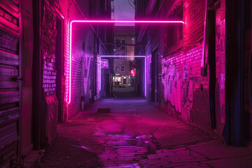 An HD picture of a neon tube installation illuminating an urban alleyway.