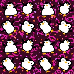 Cartoon festive animals seamless birthday decor and penguin pattern for wrapping paper and fabrics