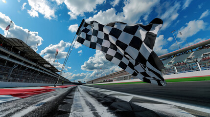 A checkered flag is flying in the air above a race track