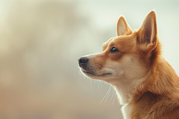 Corgi puppy on a blurred light background and looks to the side with curiosity. Close-up.